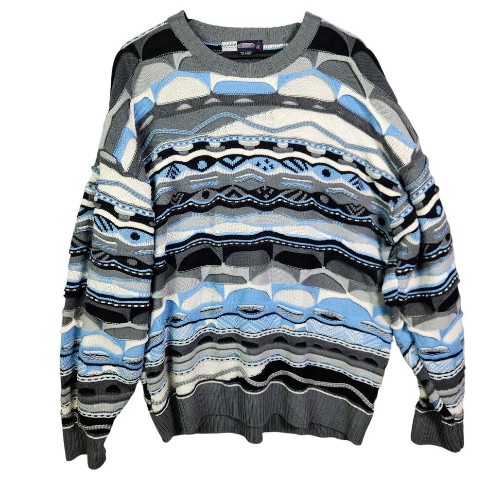 Y2K VTG 3D Knit Coogi Down Under Blue Crewneck Sweater XXL Streetwear Striped